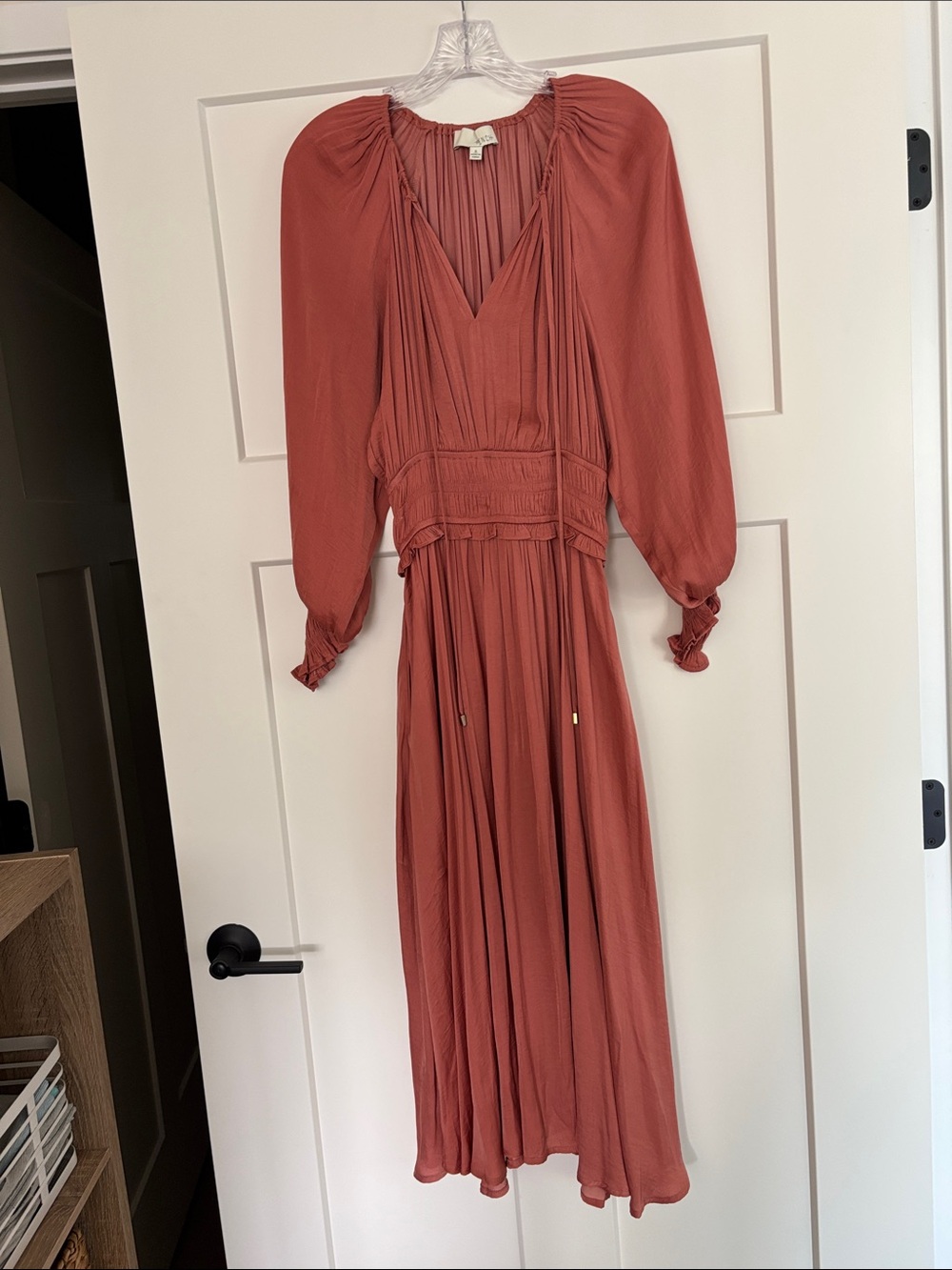 Pinch Long-Sleeve V-Neck Midi Dress in Terracotta